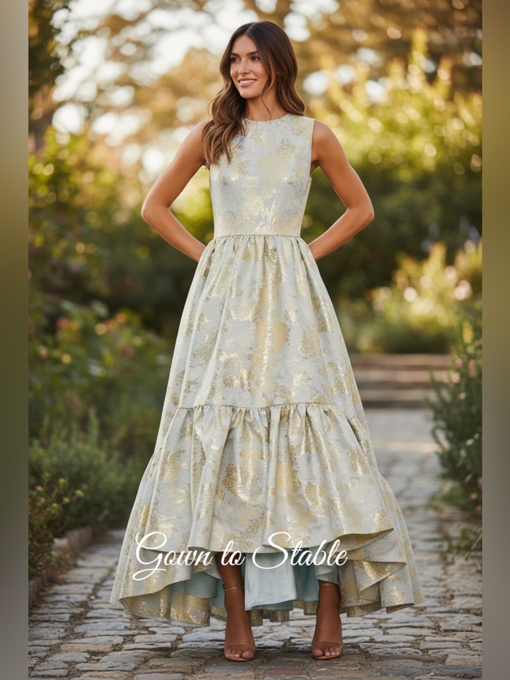 Mac Duggal Sleeveless High Low Brocade Gown